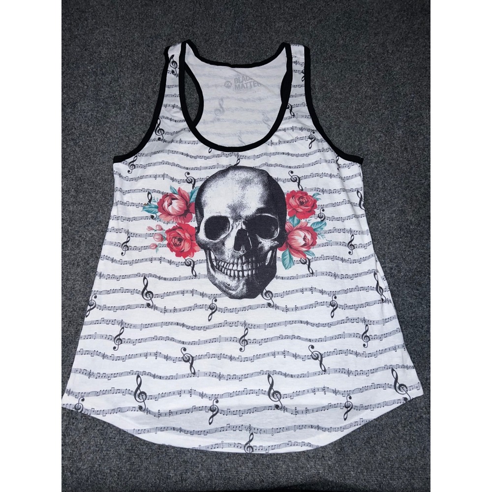 Black Matter Skull Roses Music Note Tank Top White Size 2X Racerback Graphic